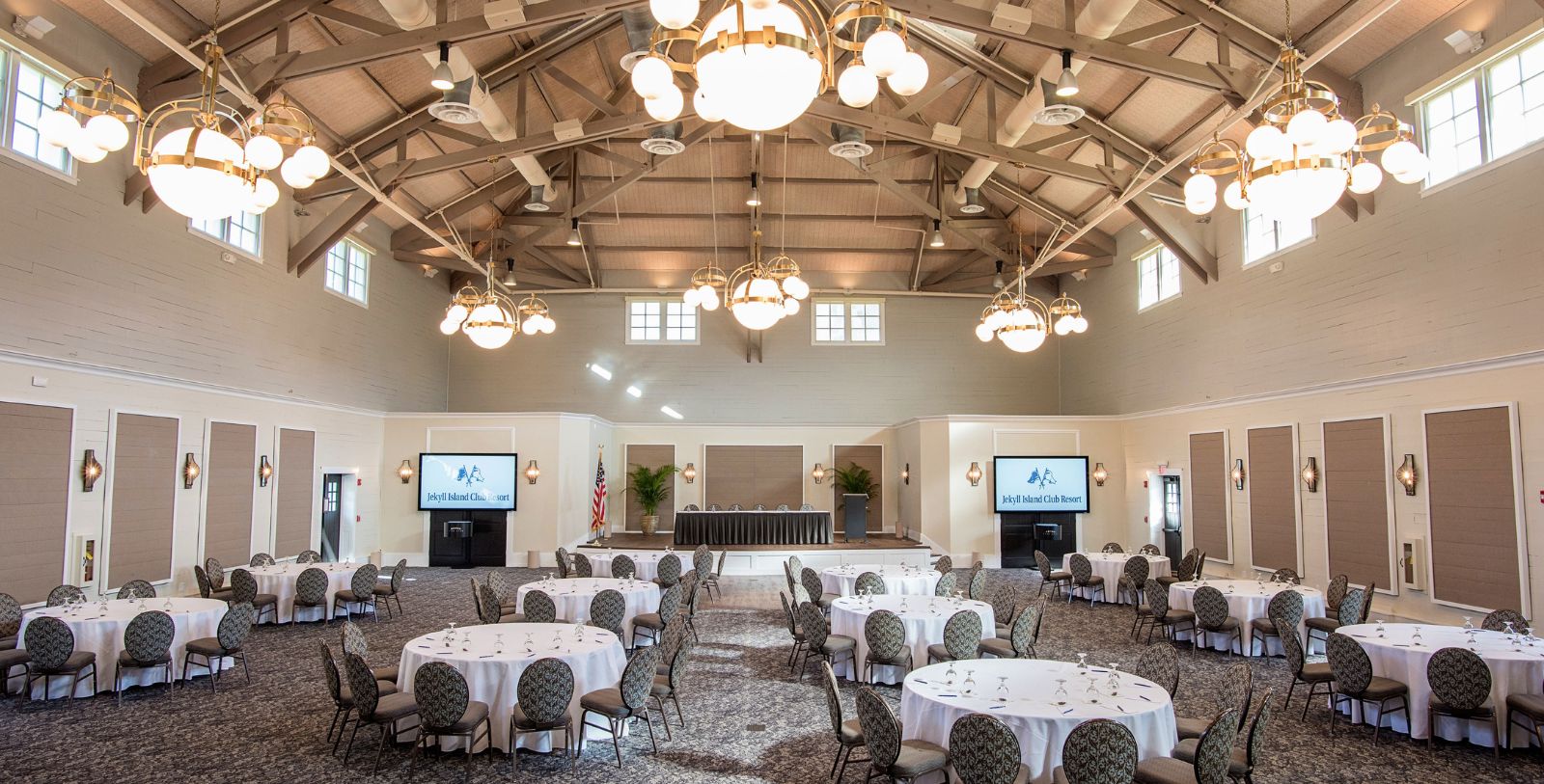 a room with tables and chairs
