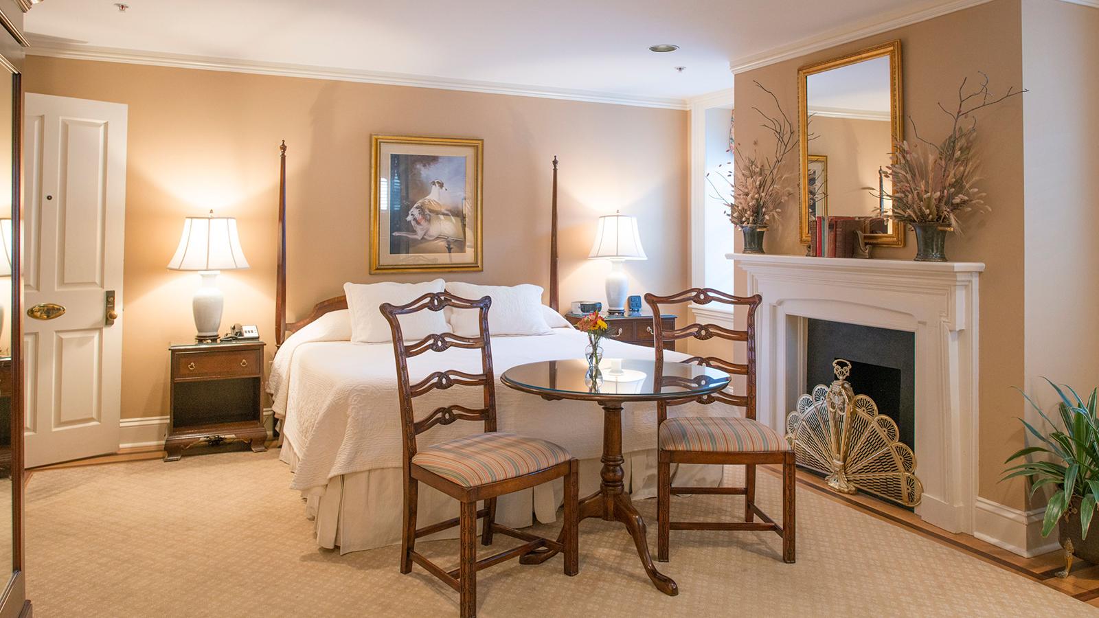 a room with a bed and a table