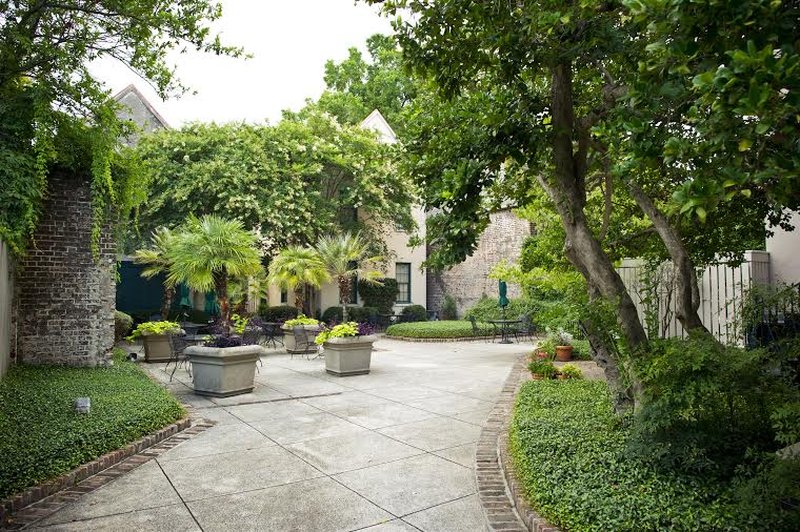 a patio with trees and plants around it