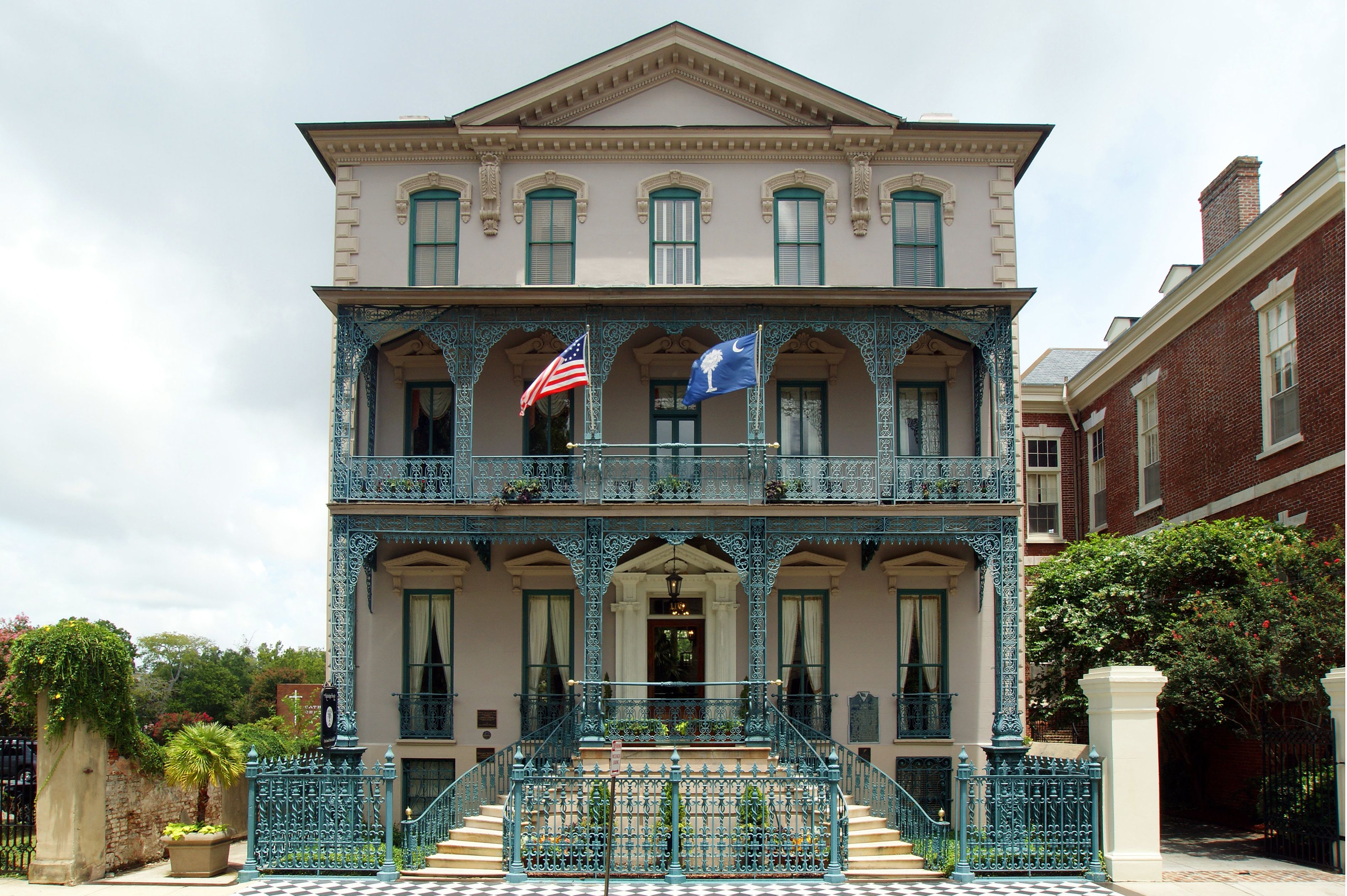 a building with a blue railing