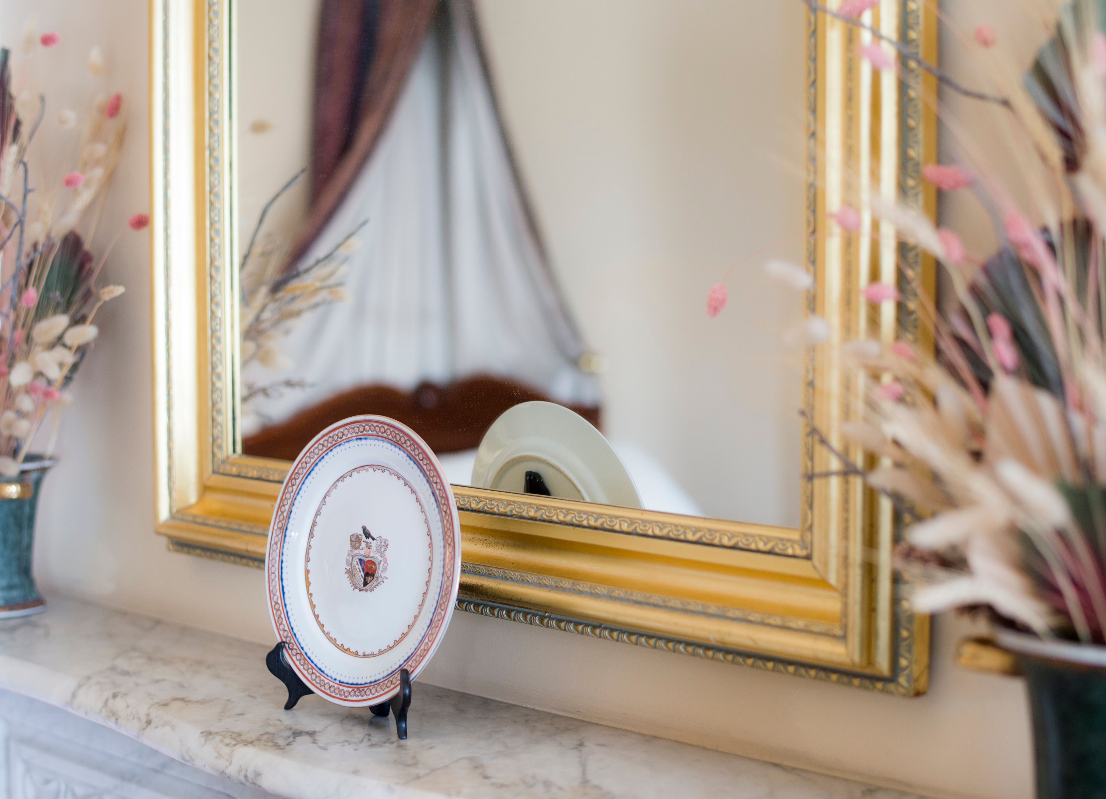a plate on a marble counter