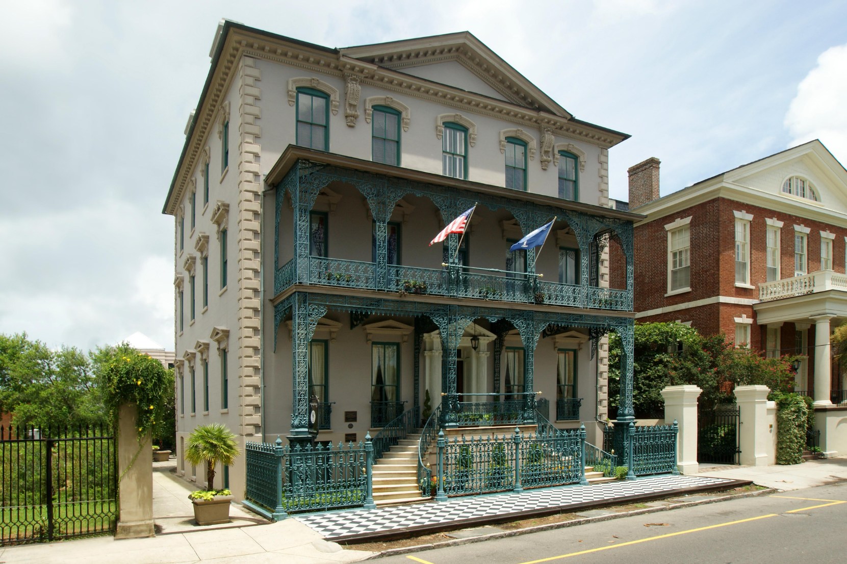 a building with a blue railing