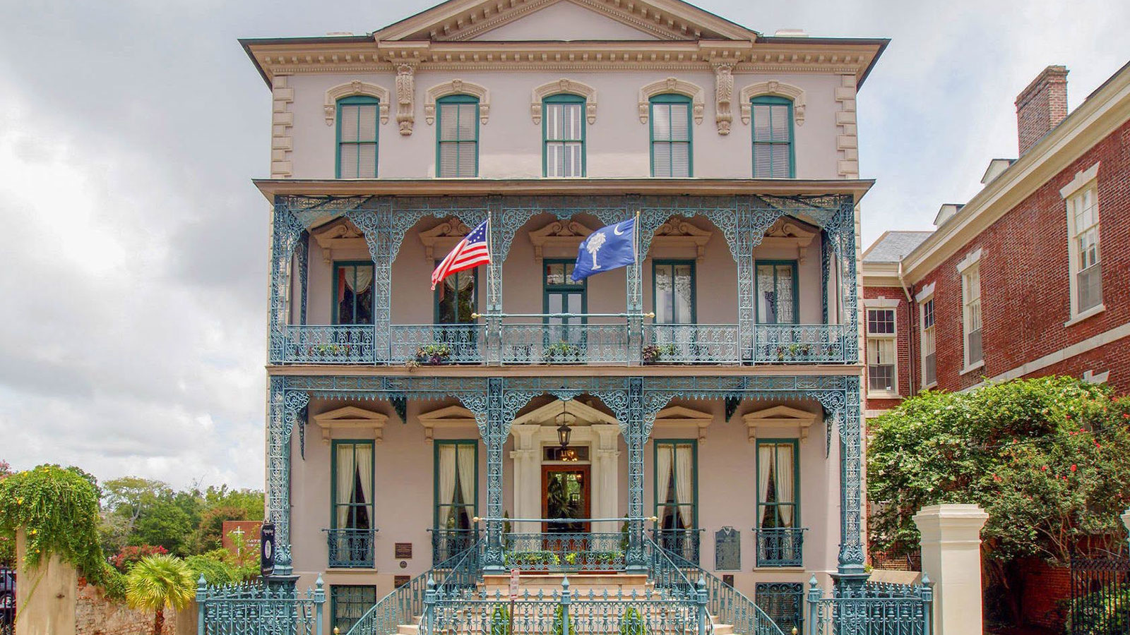 a building with a flag on the front