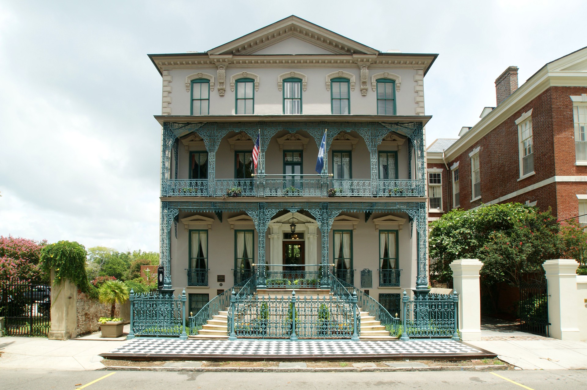a building with a blue railing