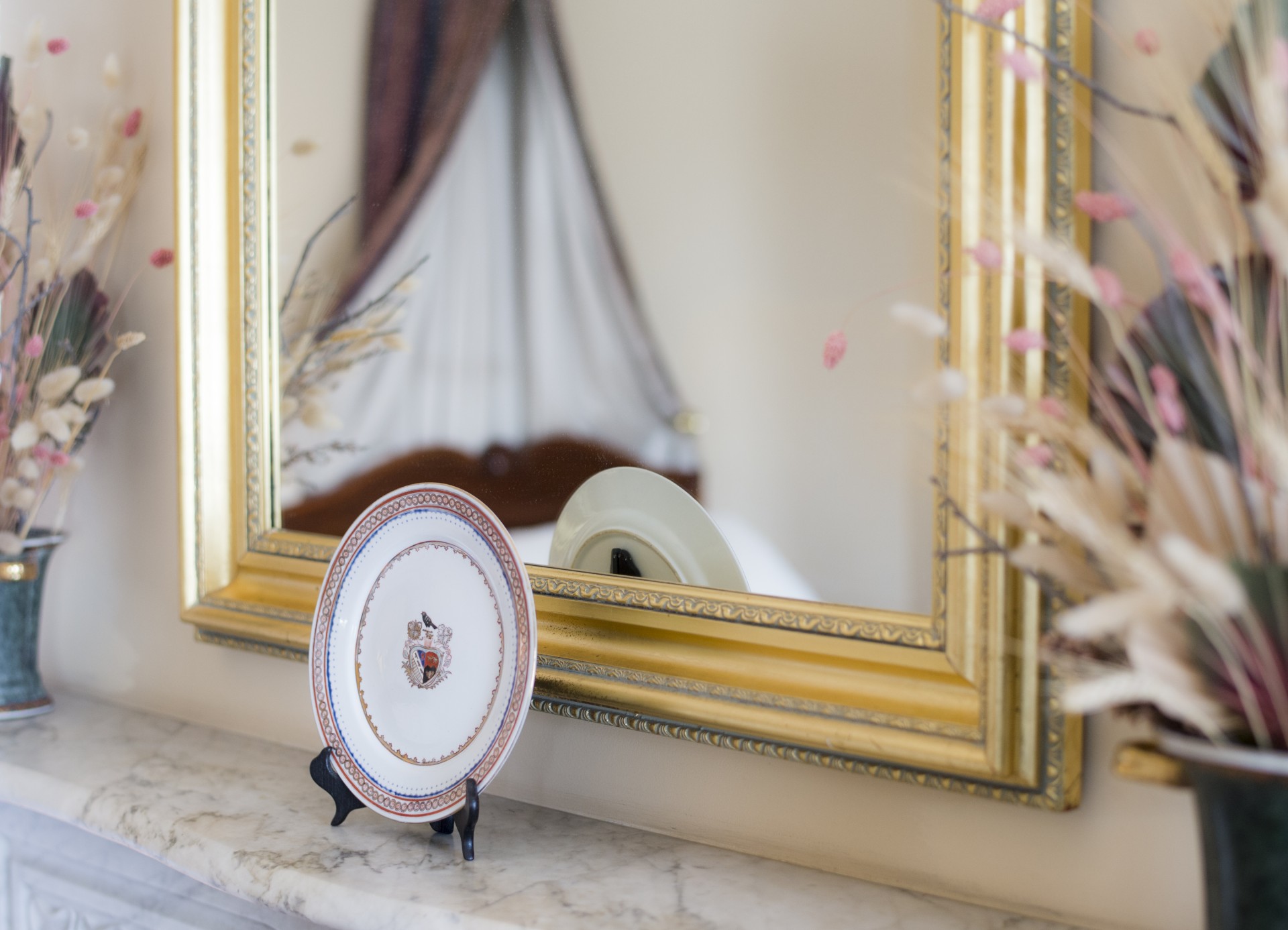 a plate on a marble counter