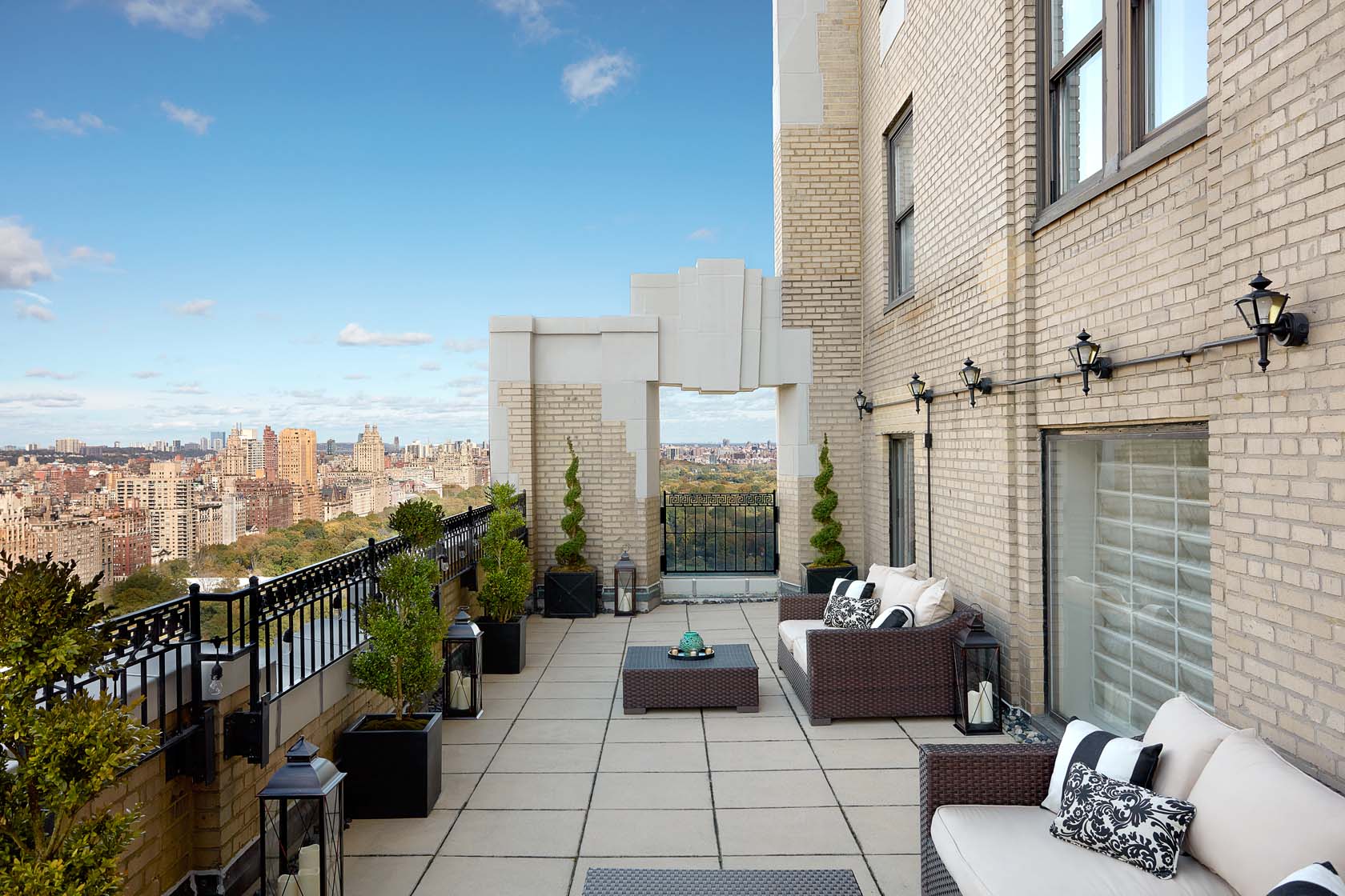 a patio with a view of a city