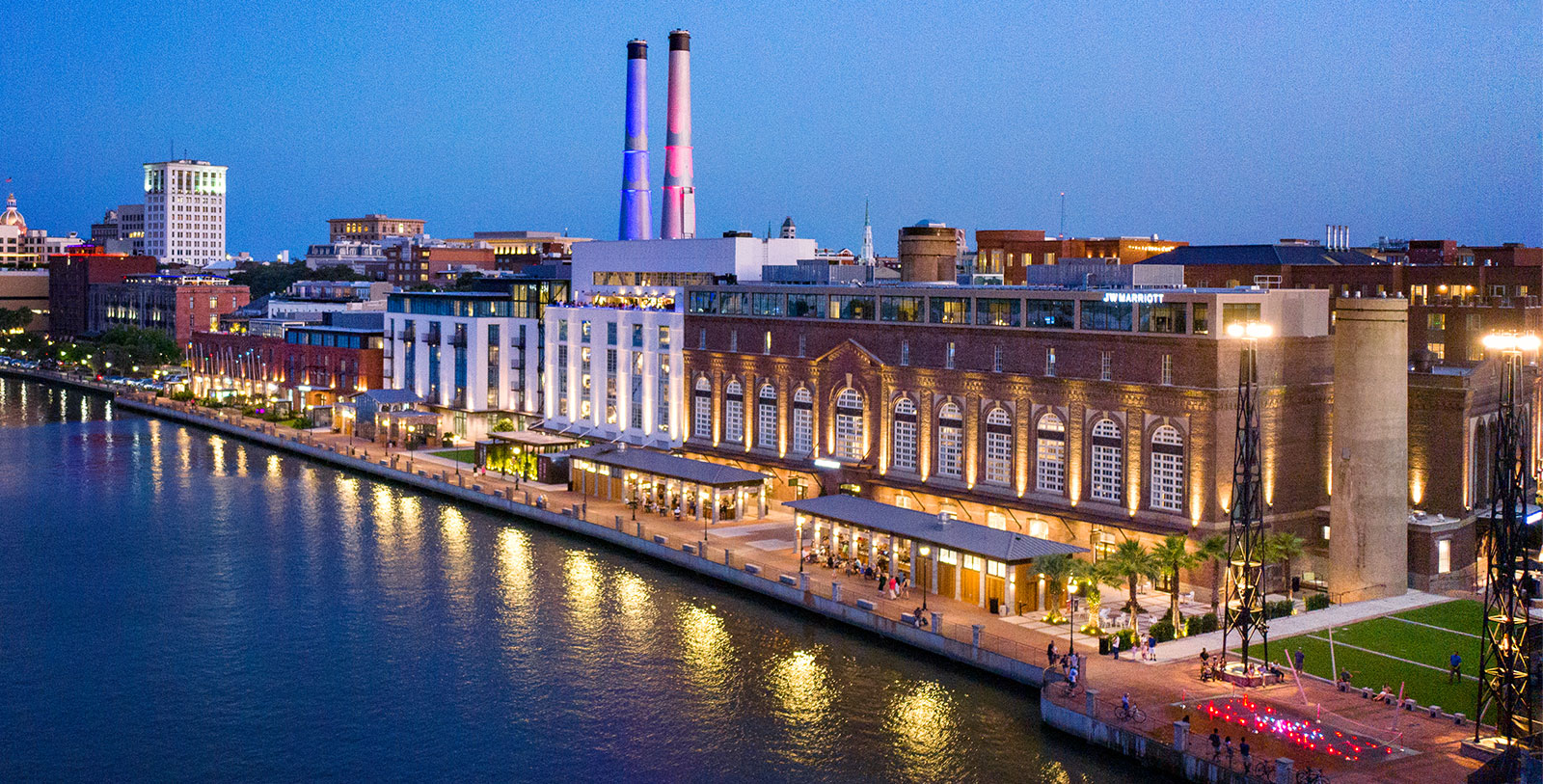 a building next to a river