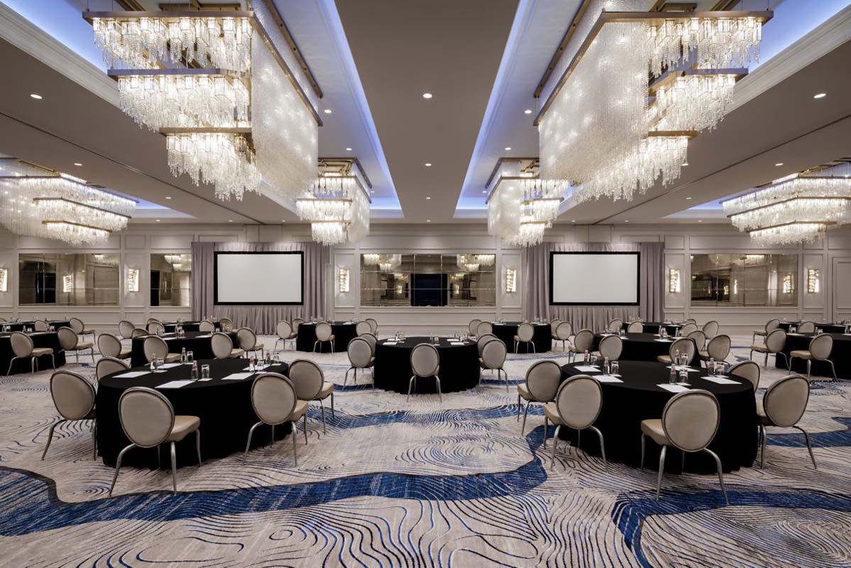 a large room with tables and chairs