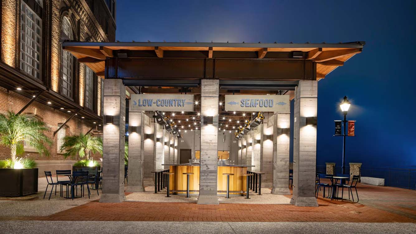 a restaurant with a bar and tables