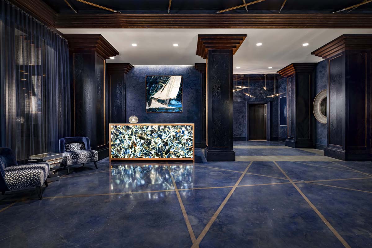 a room with a blue and gold floor