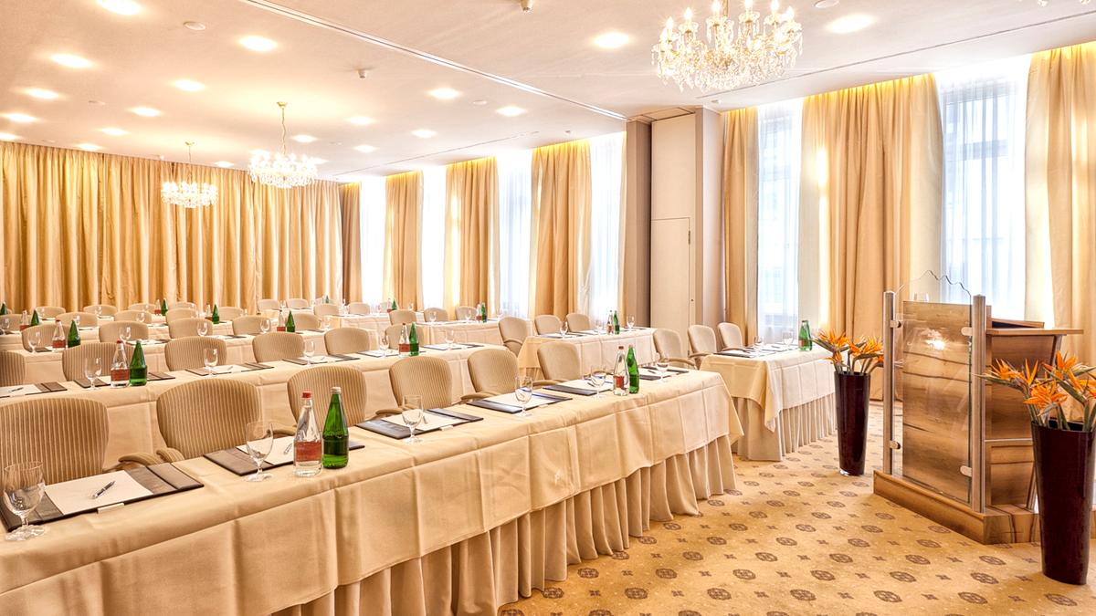 a room with tables and chairs