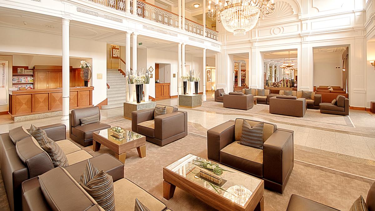 a large room with couches and tables