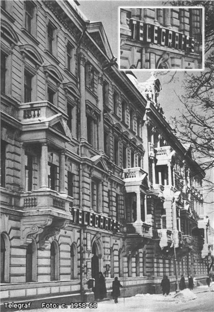 A vintage black-and-white photo from around 1958–1960 showing a grand, multi-story historic building facade with balconies, ornate stonework, and a sign reading 'TELEGRAFS', with a zoomed-in inset in the top corner highlighting the sign.