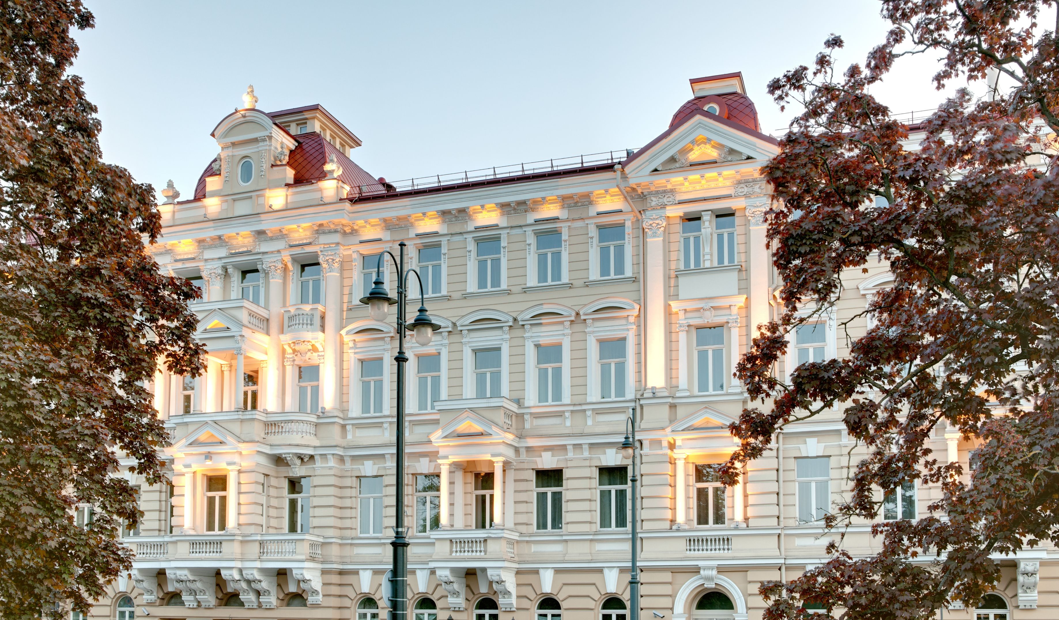 a large building with lights on