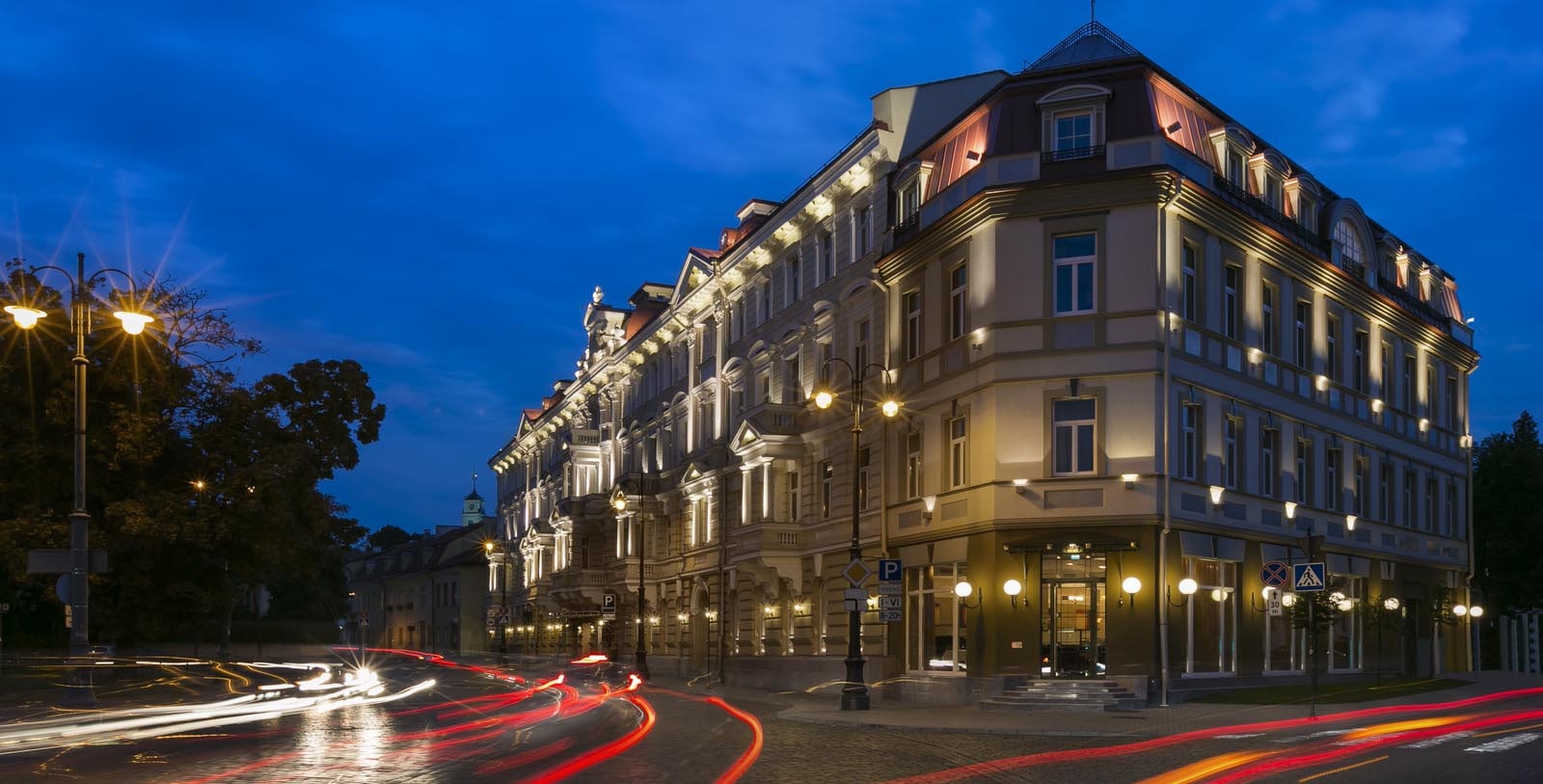 a building with lights on the side of it