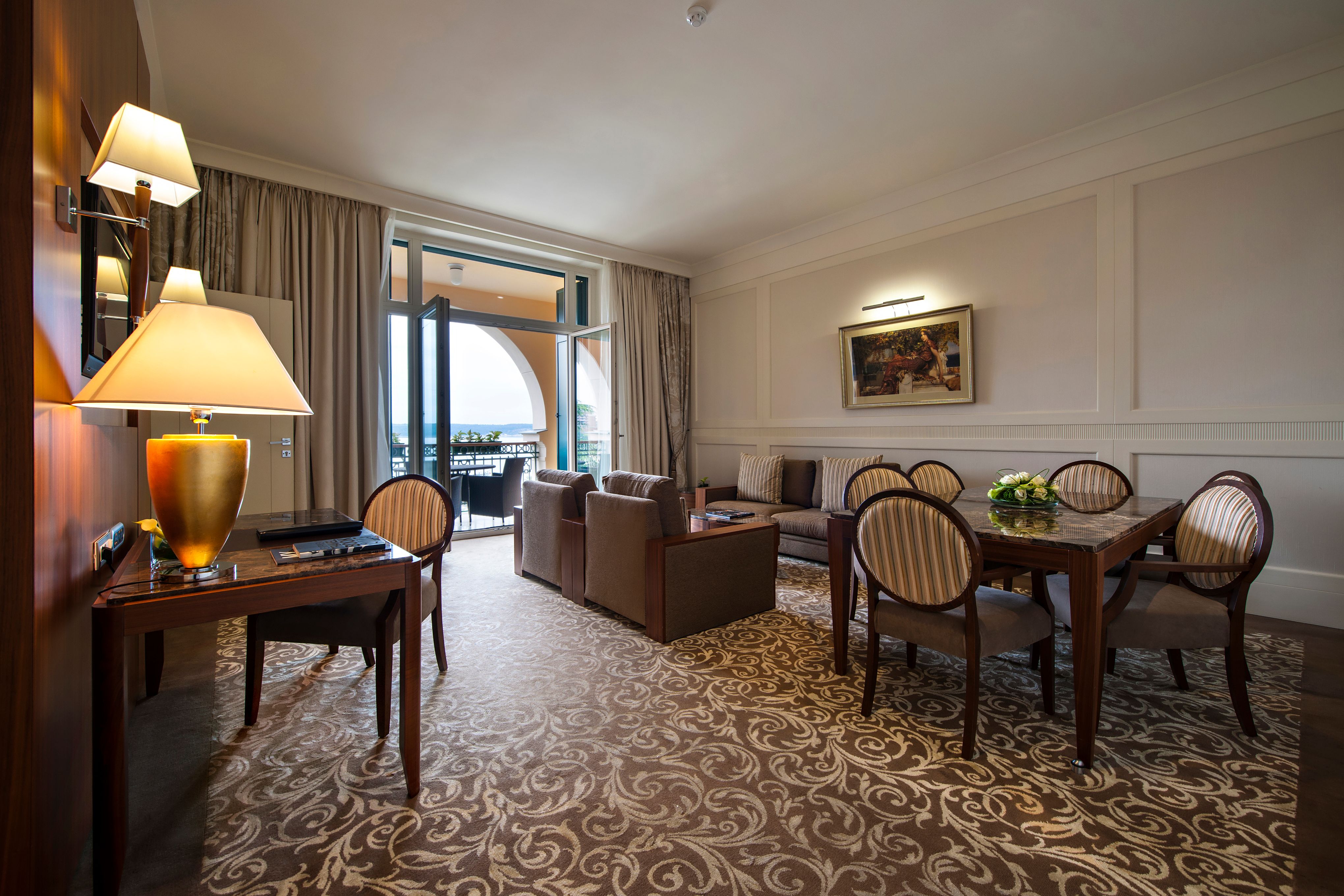 a room with a table and chairs
