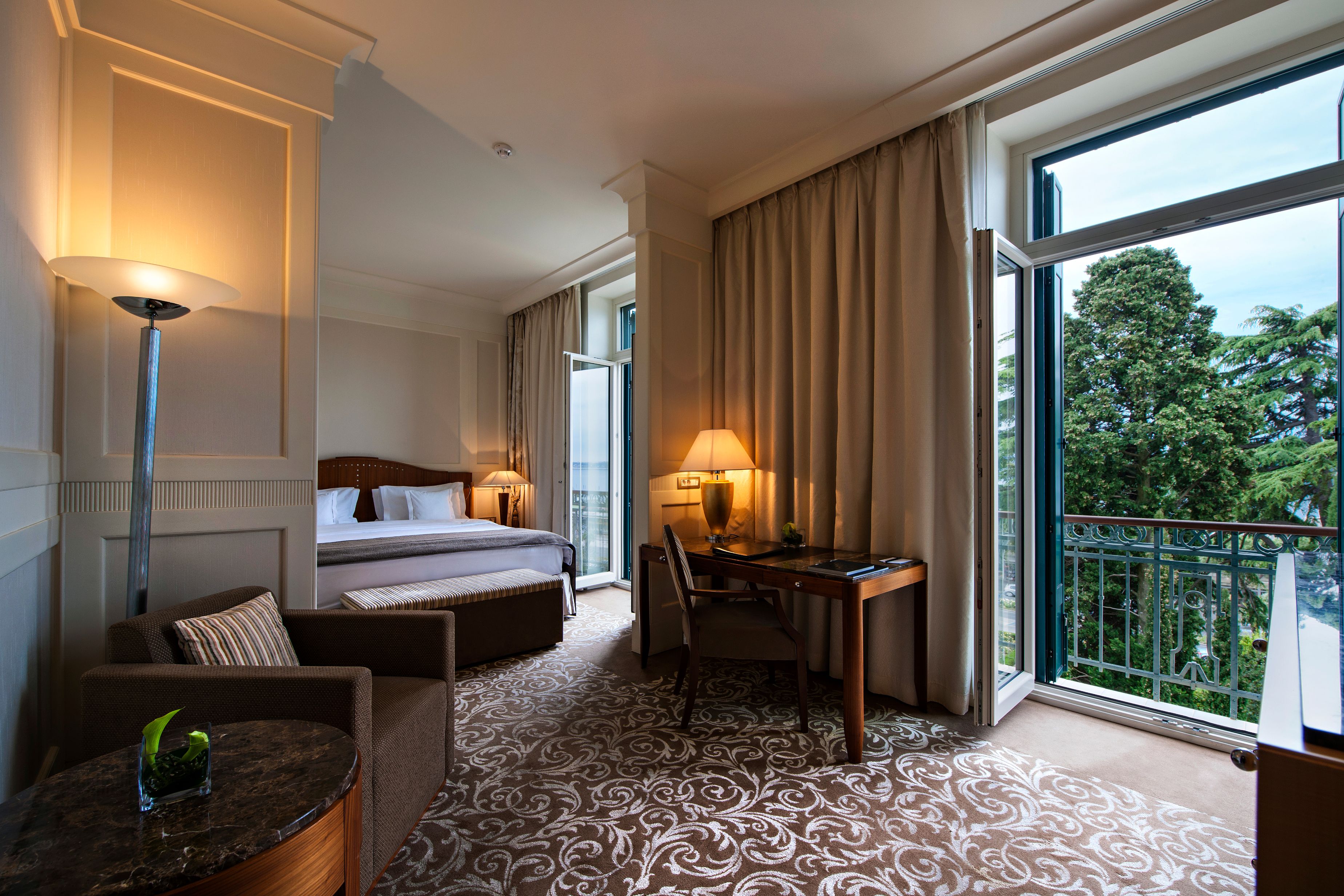 a room with a bed and a table
