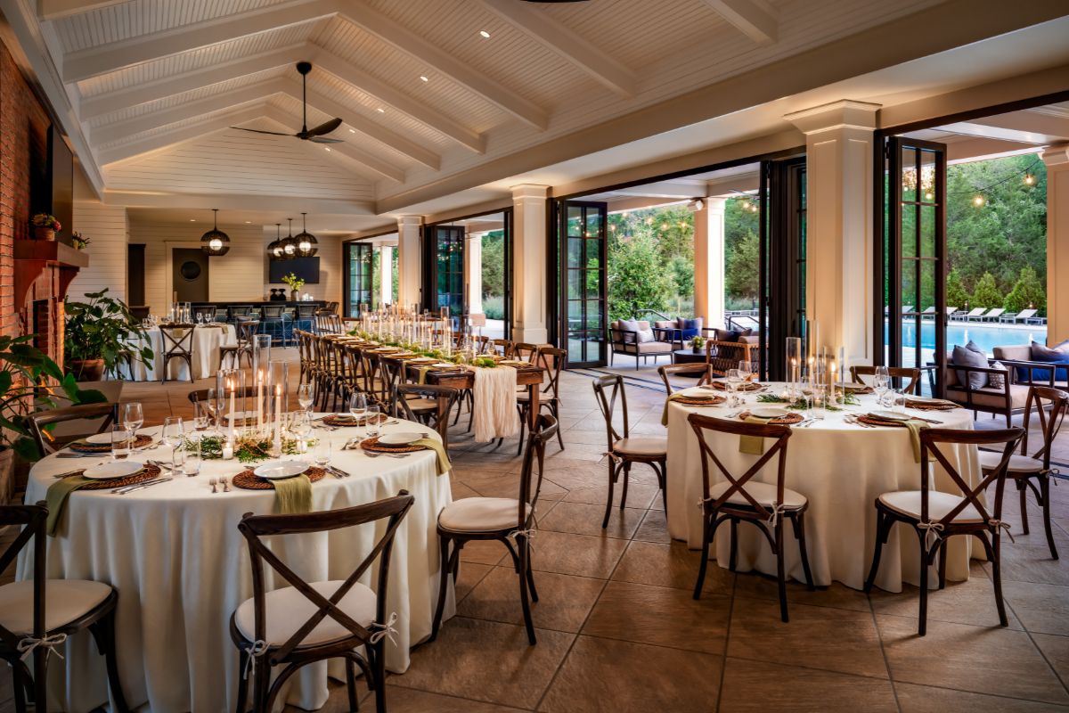a room with tables and chairs