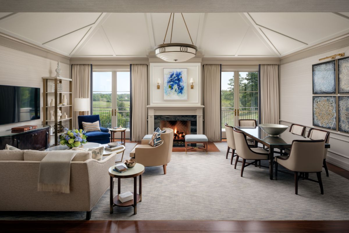 a living room with a fireplace and a couch