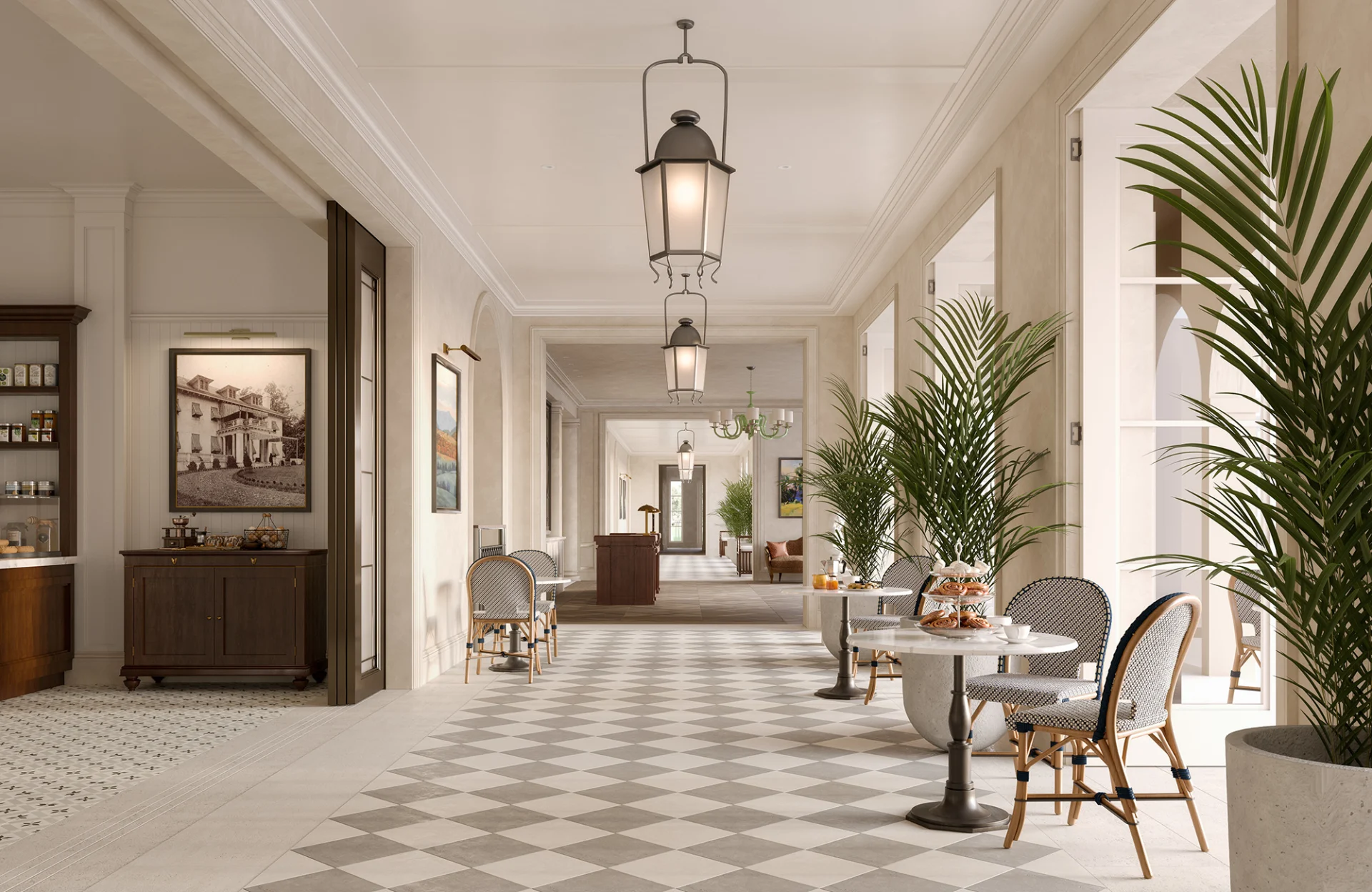 a hallway with tables and chairs
