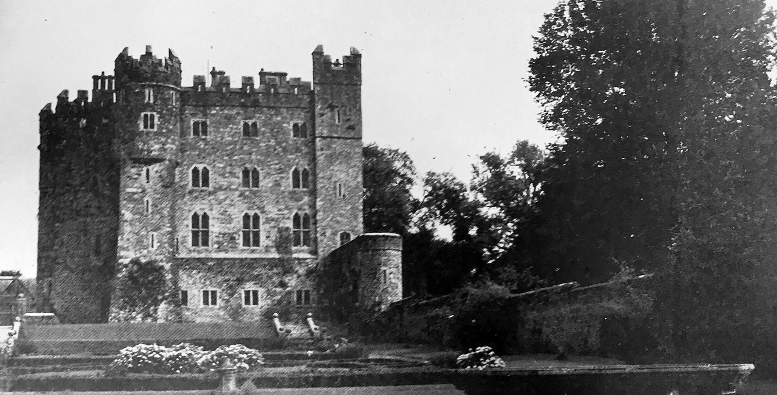 a castle with a pond