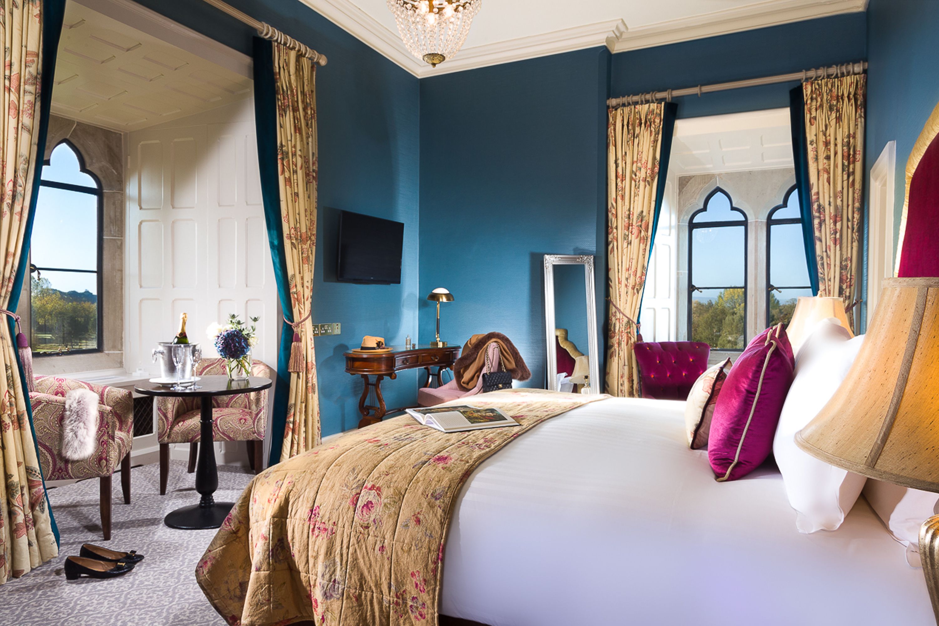 a room with a bed and a table
