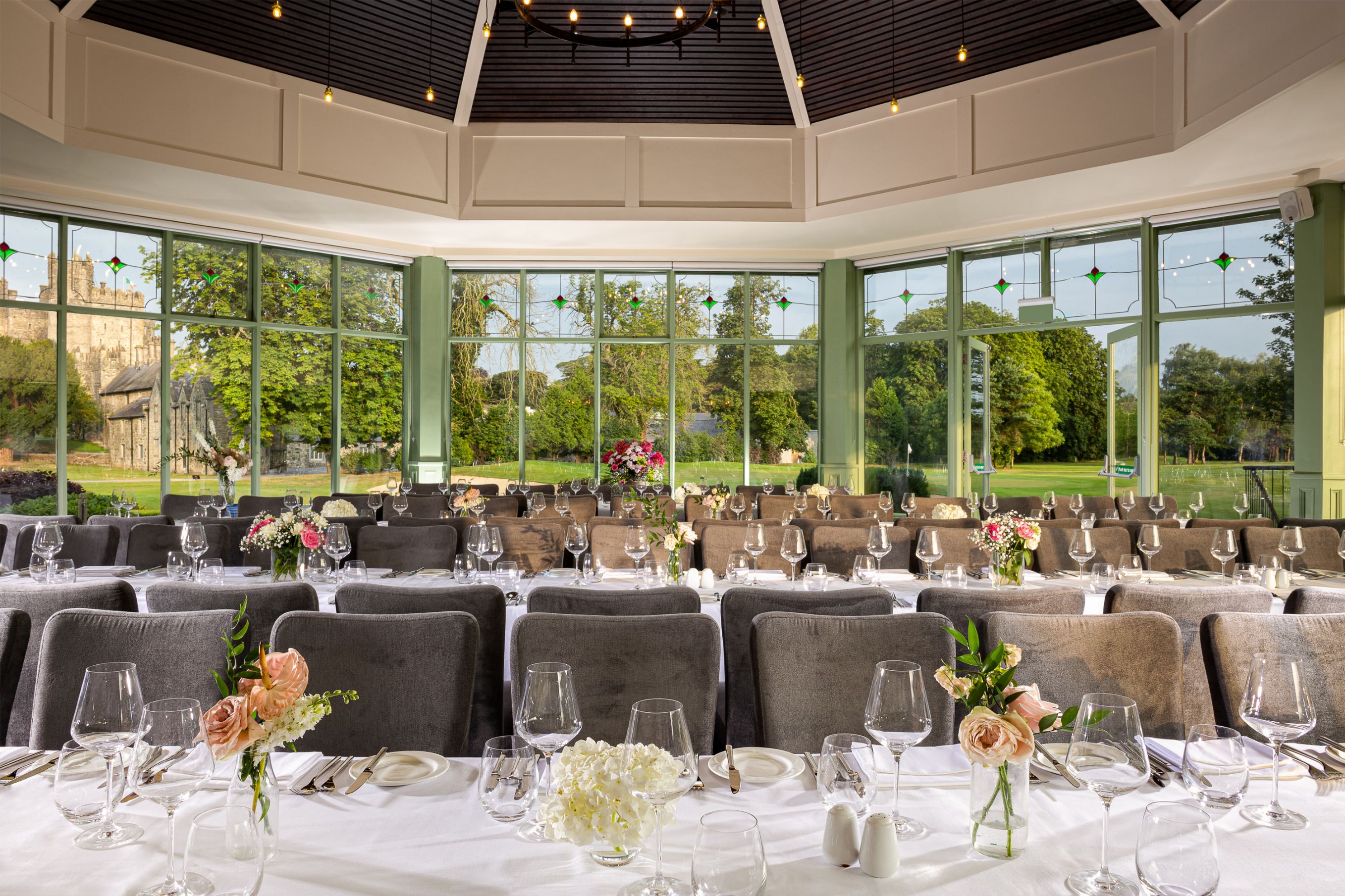 a room with tables and chairs