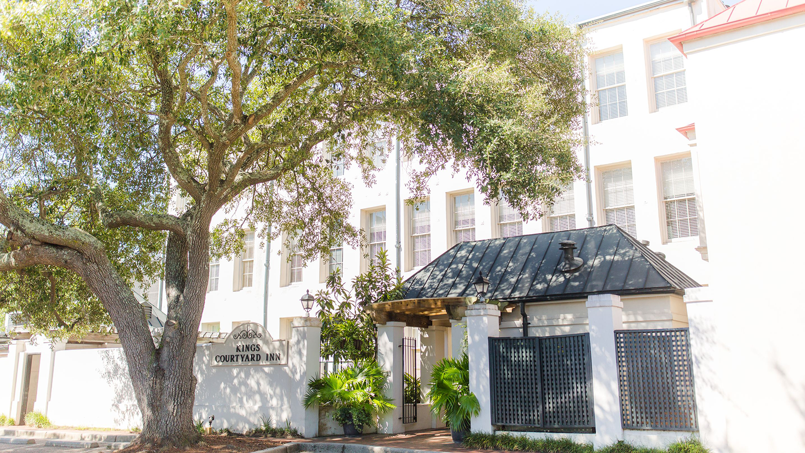 a white building with trees and a tree in front