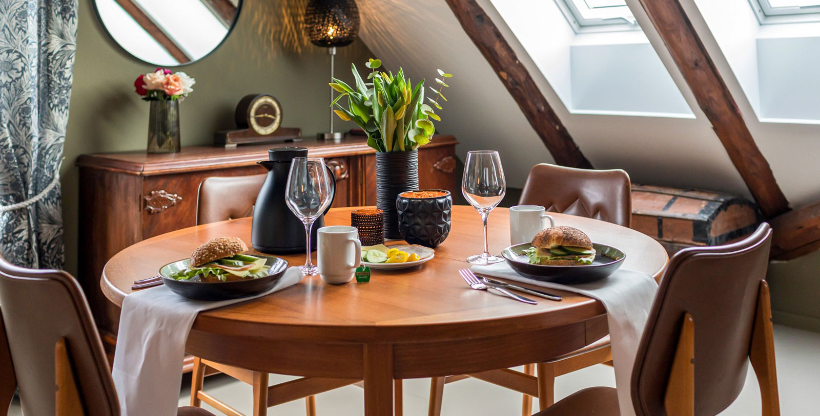 a table with food and glasses on it