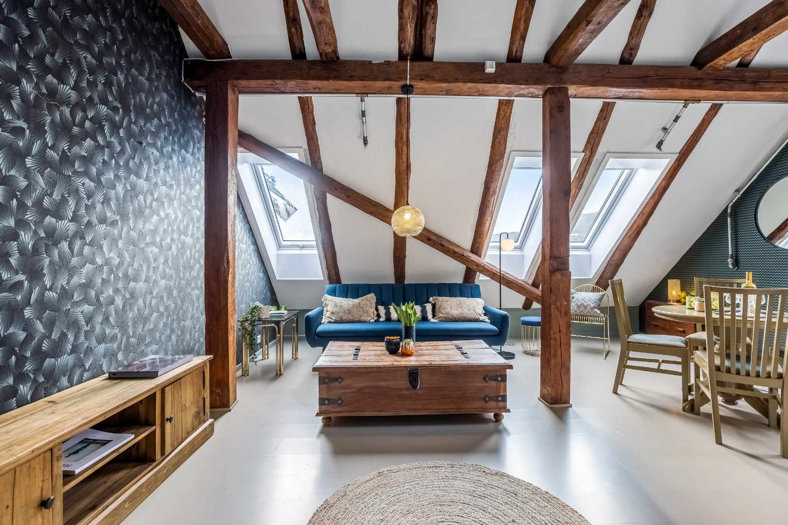 a room with a couch and a coffee table