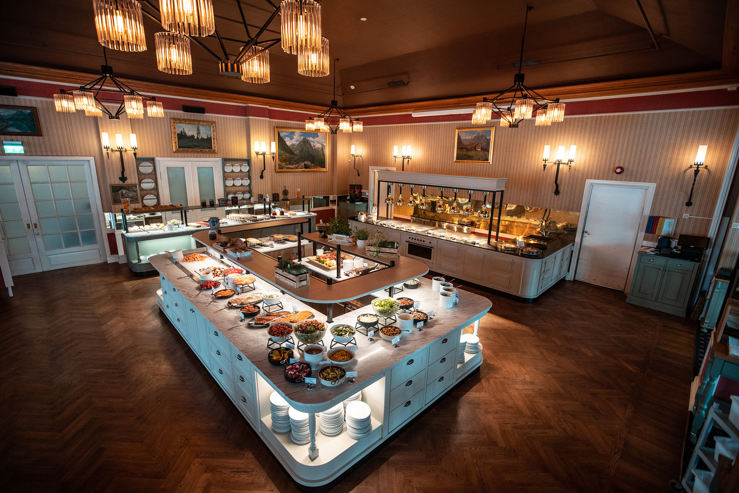 a buffet table with food on it