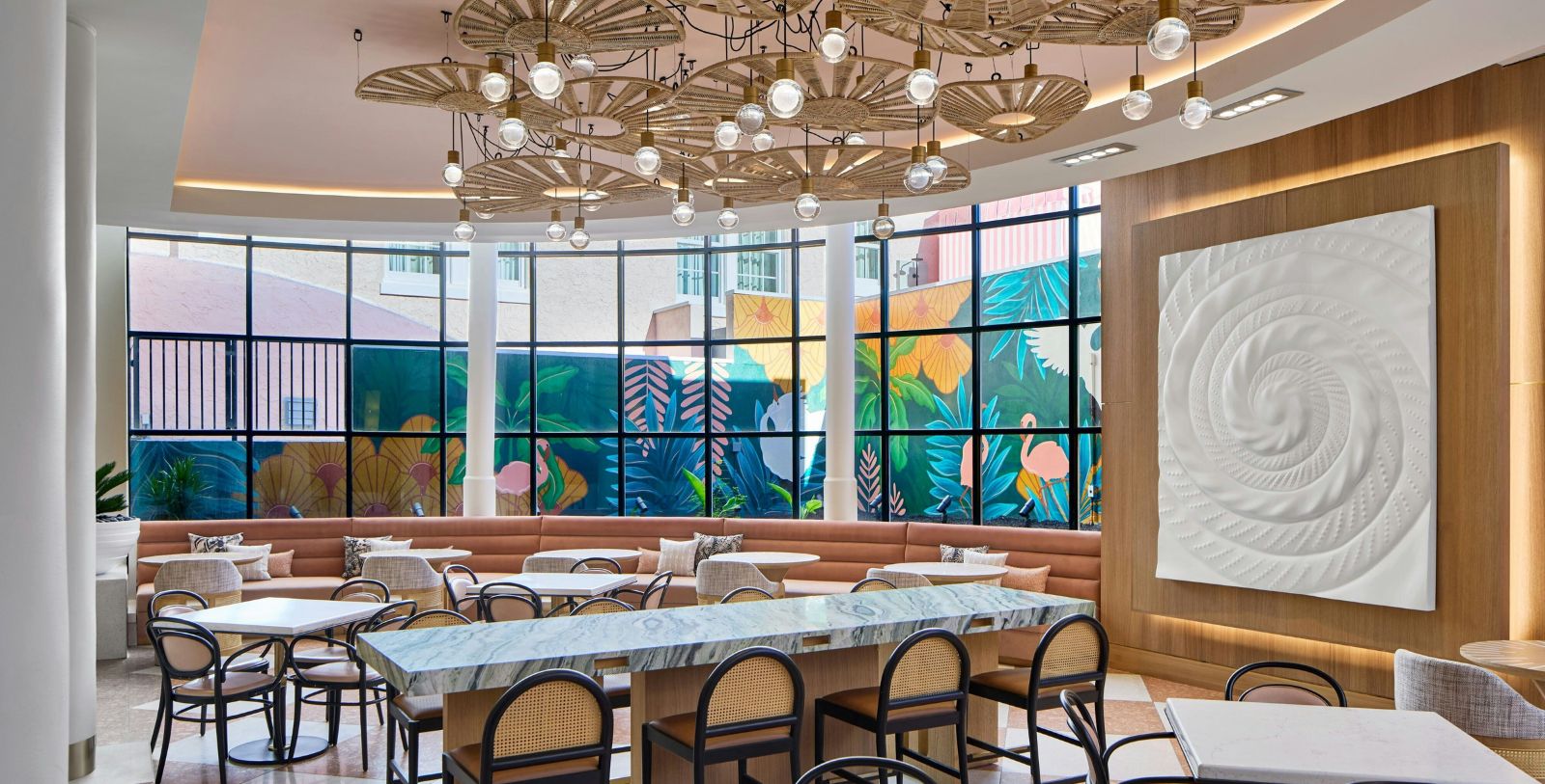 a room with tables and chairs