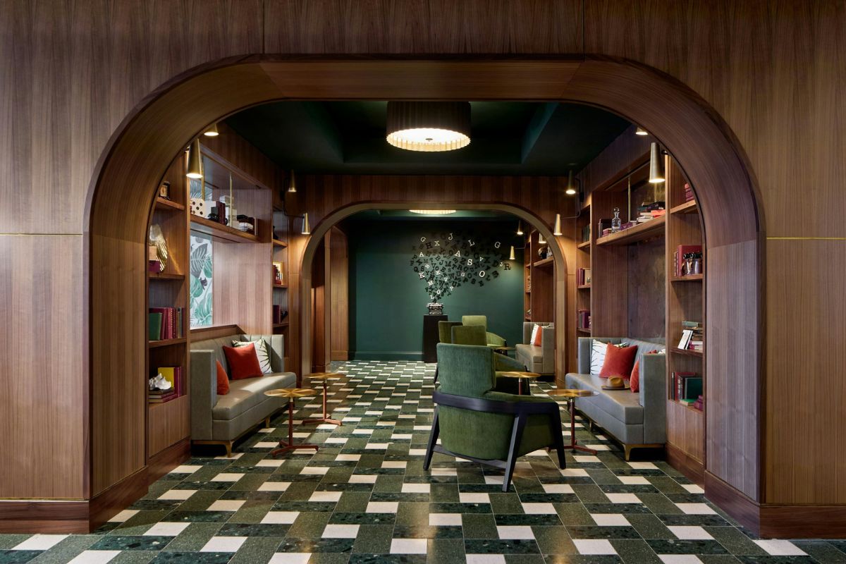 a room with a green and white checkered floor