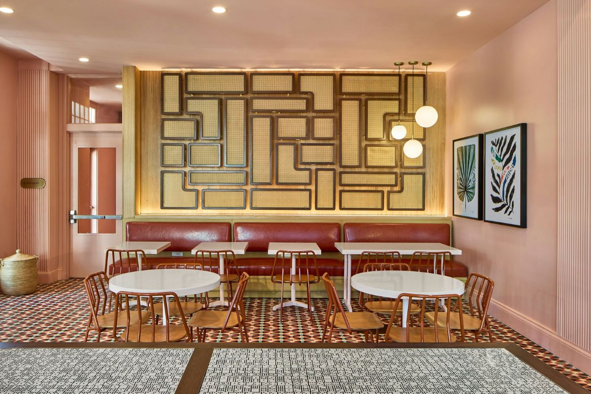 a room with tables and chairs