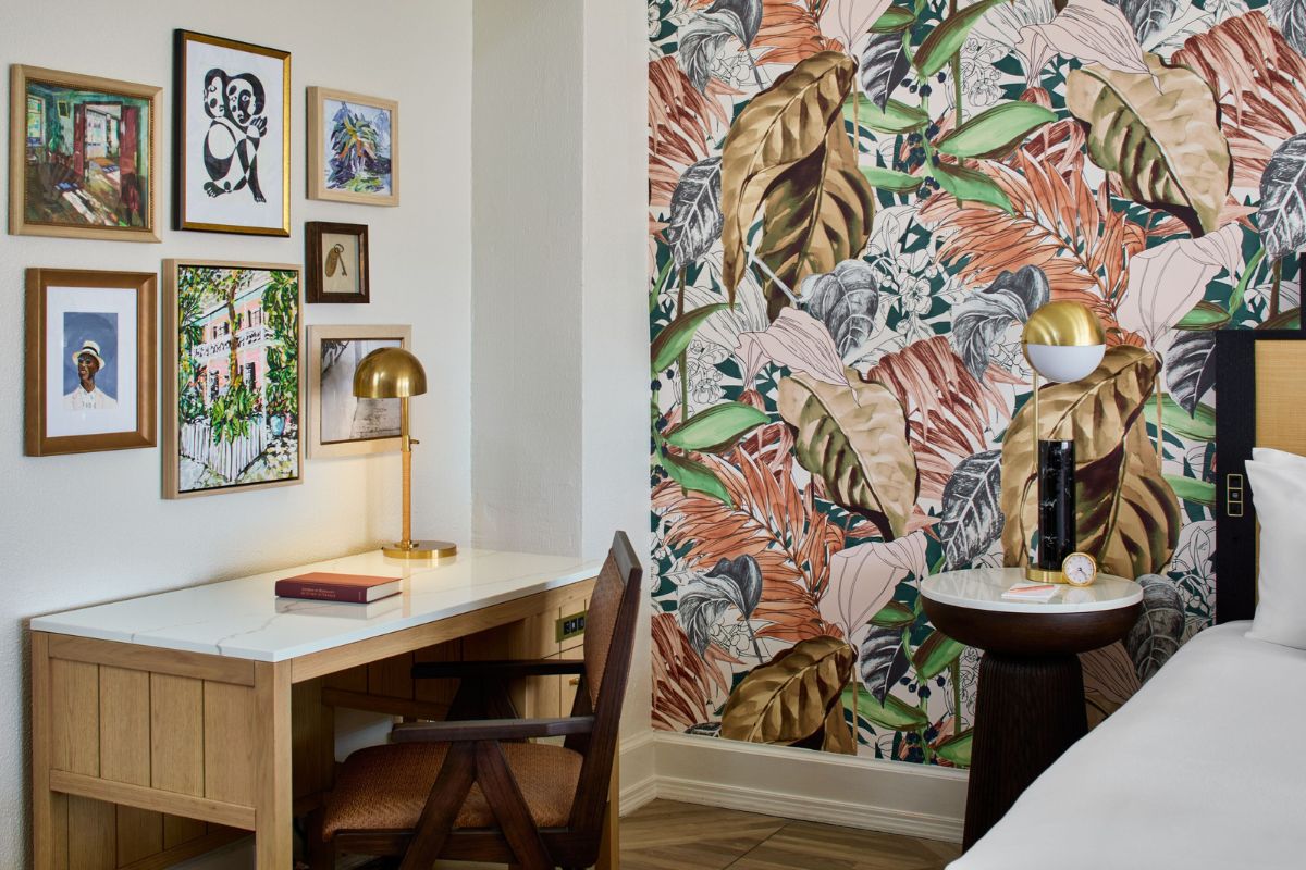 a room with a desk and a table