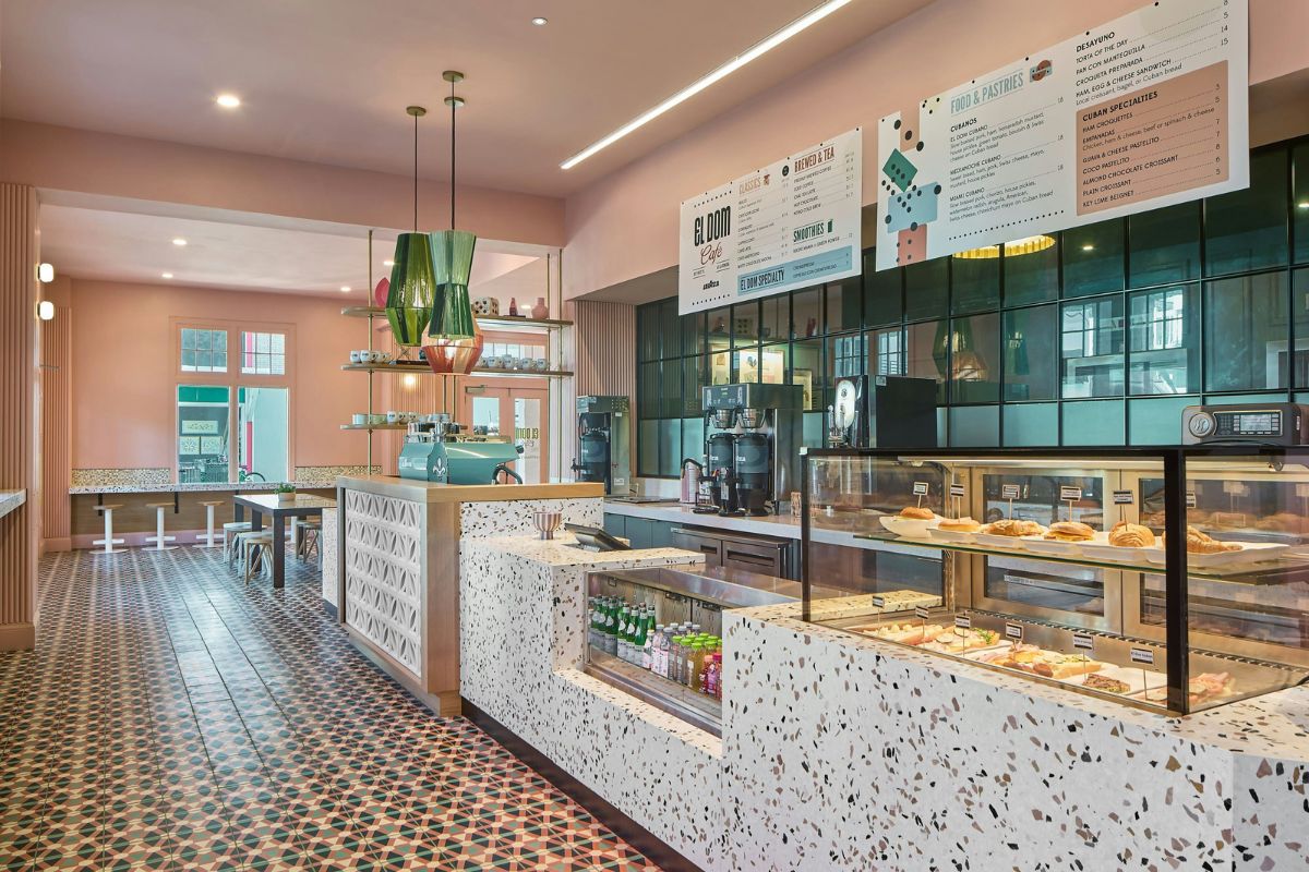 a restaurant with a counter and countertop