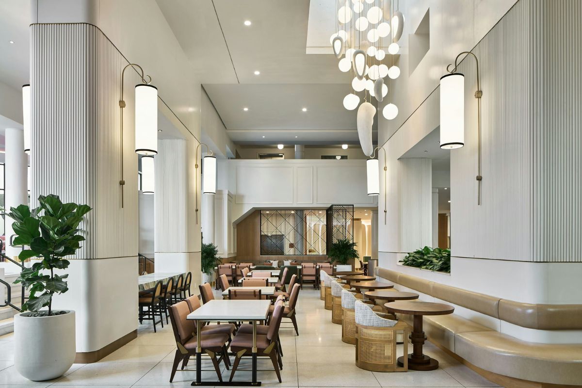 a room with tables and chairs