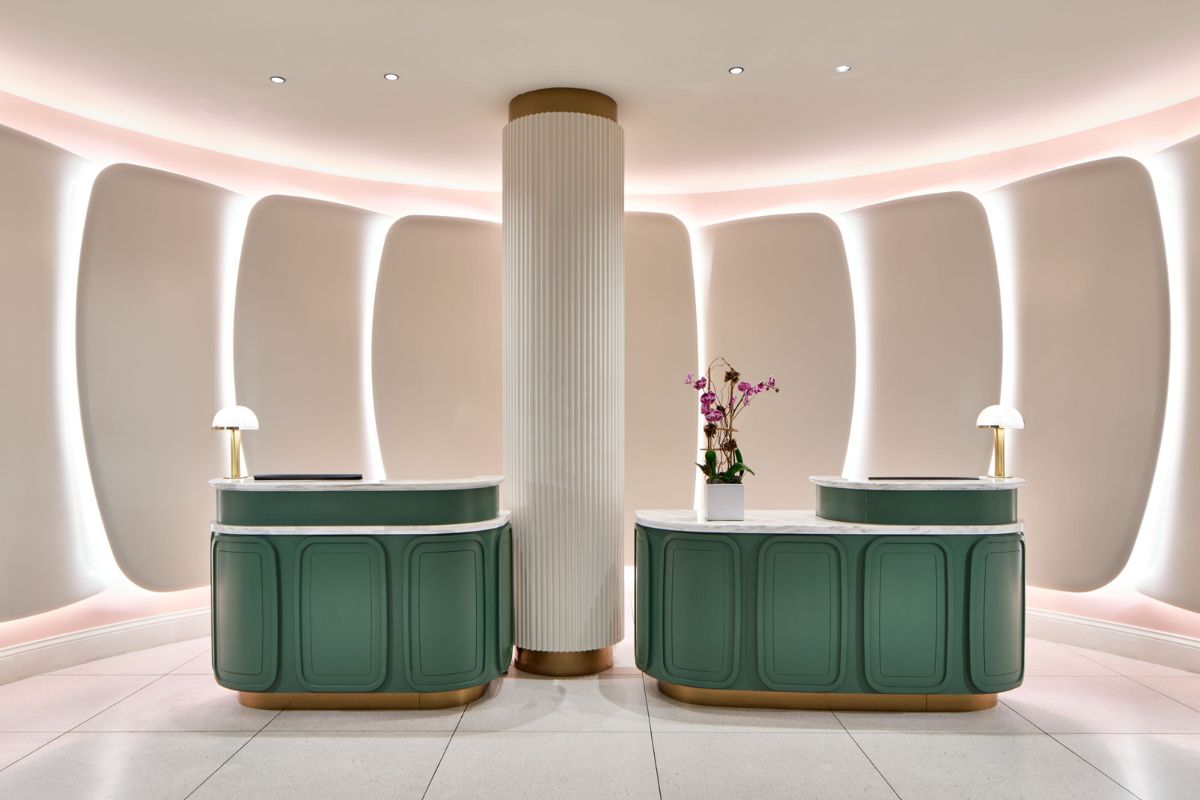 a reception desk in a hotel
