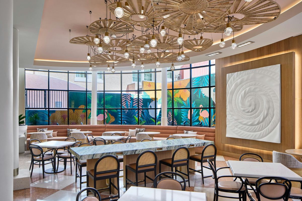 a room with tables and chairs