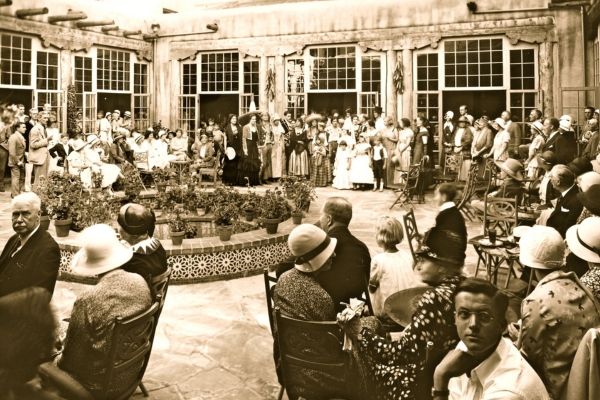 a group of people in a courtyard