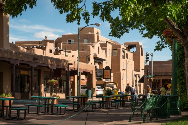 a street with tables and benches