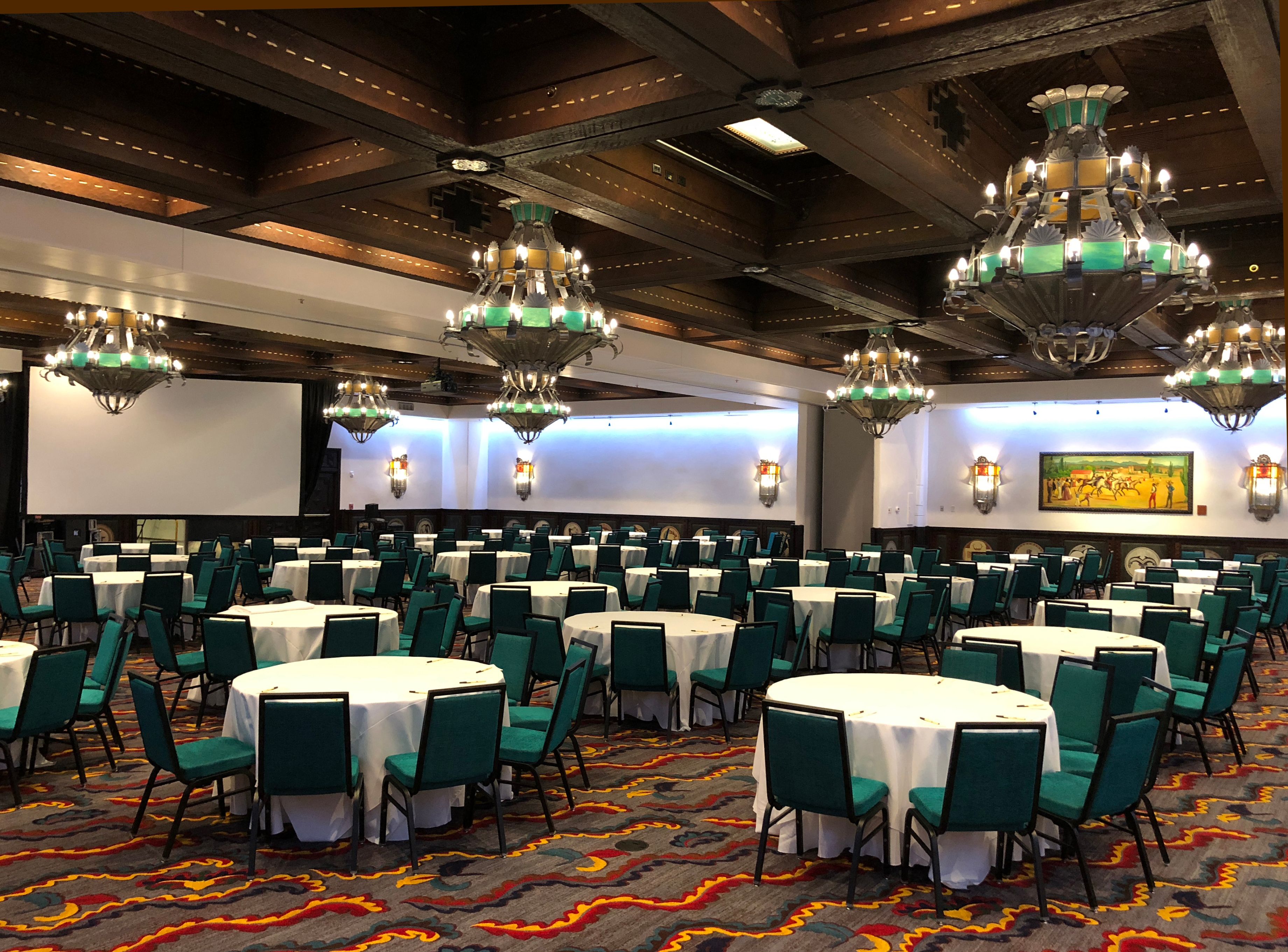 a room with tables and chairs