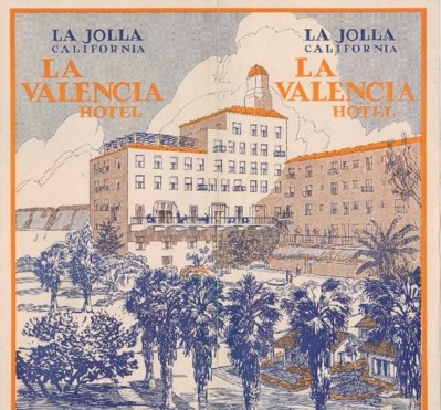 a hotel advertisement with a building and trees