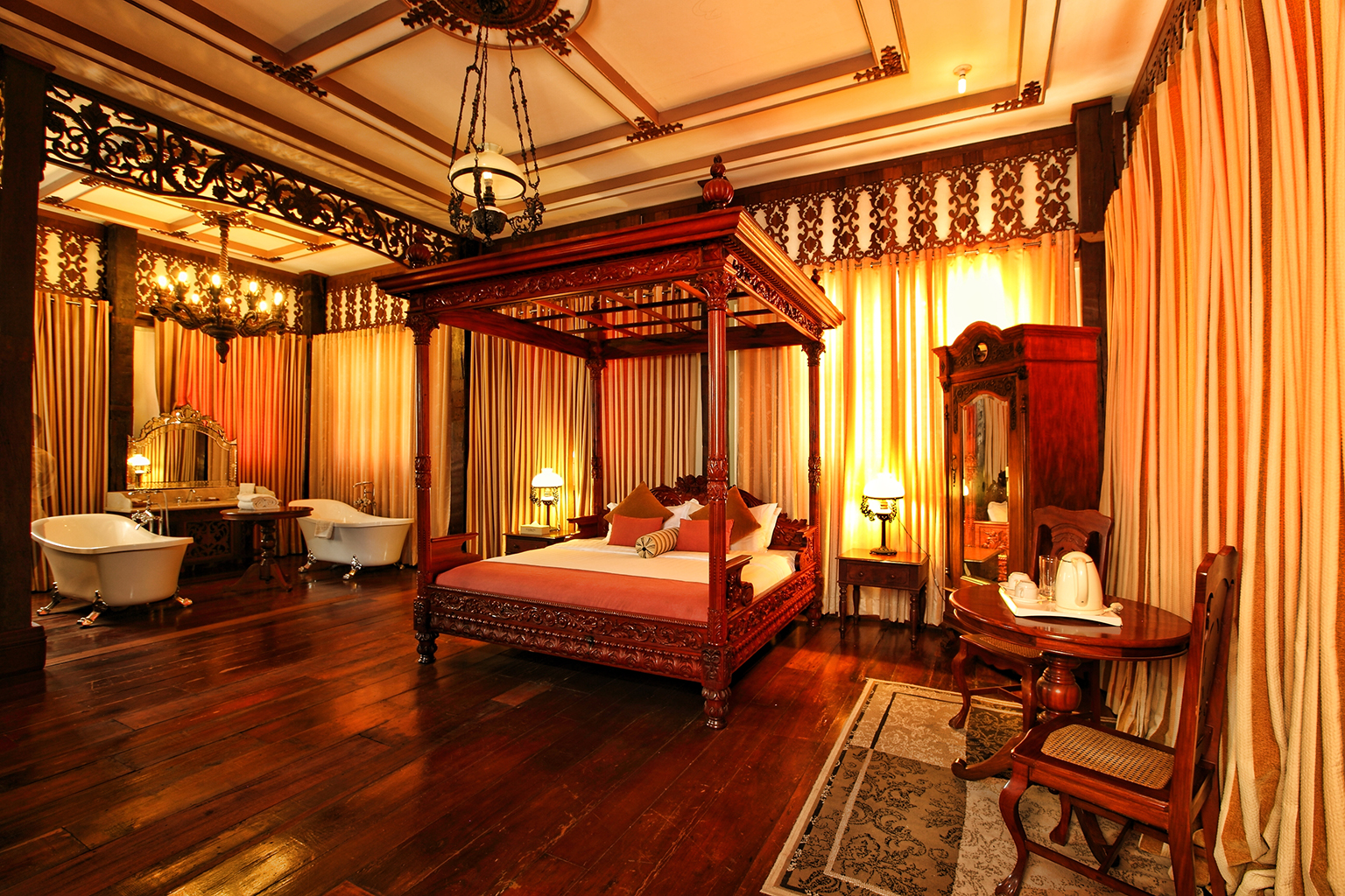 a room with a bed and a bathtub