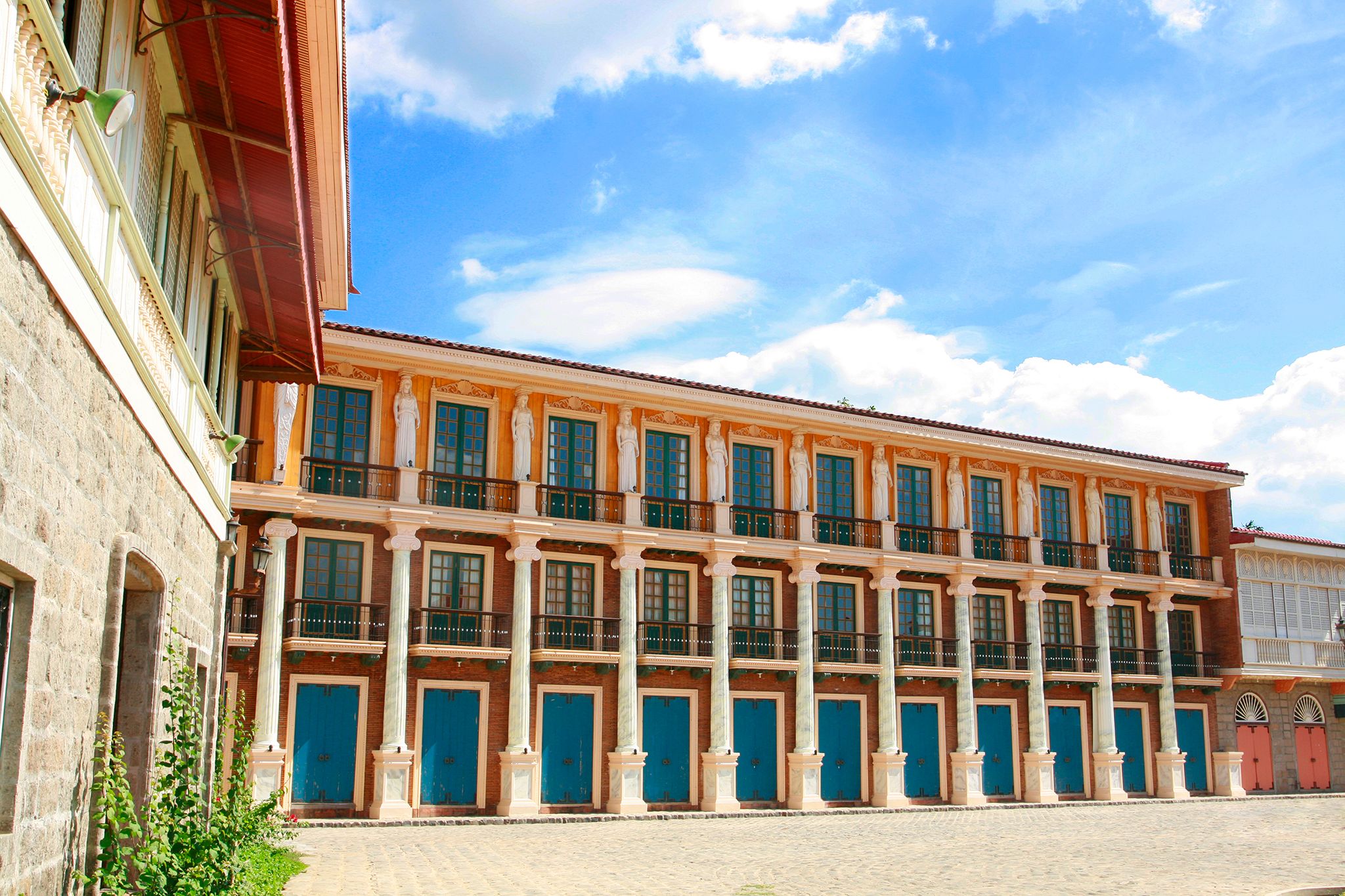 a building with blue doors