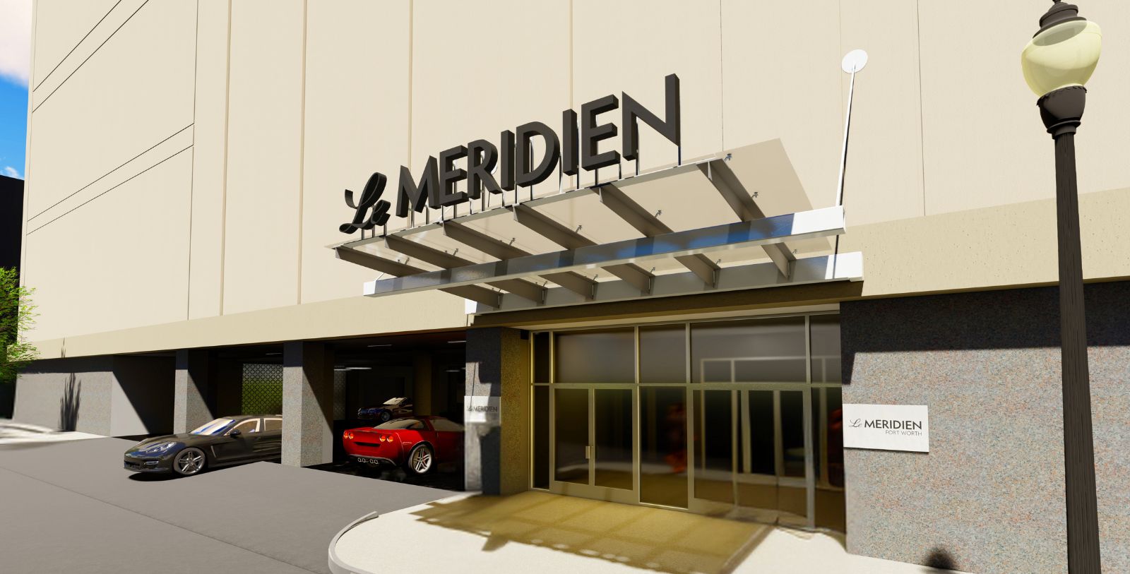 a building with a red car parked in front of it