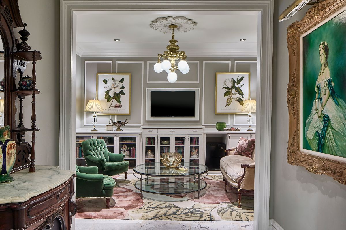 a living room with a tv and a couch
