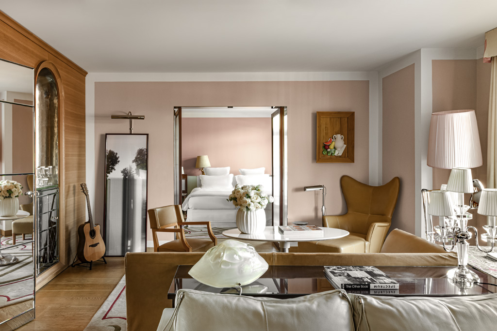 a room with a guitar and a table