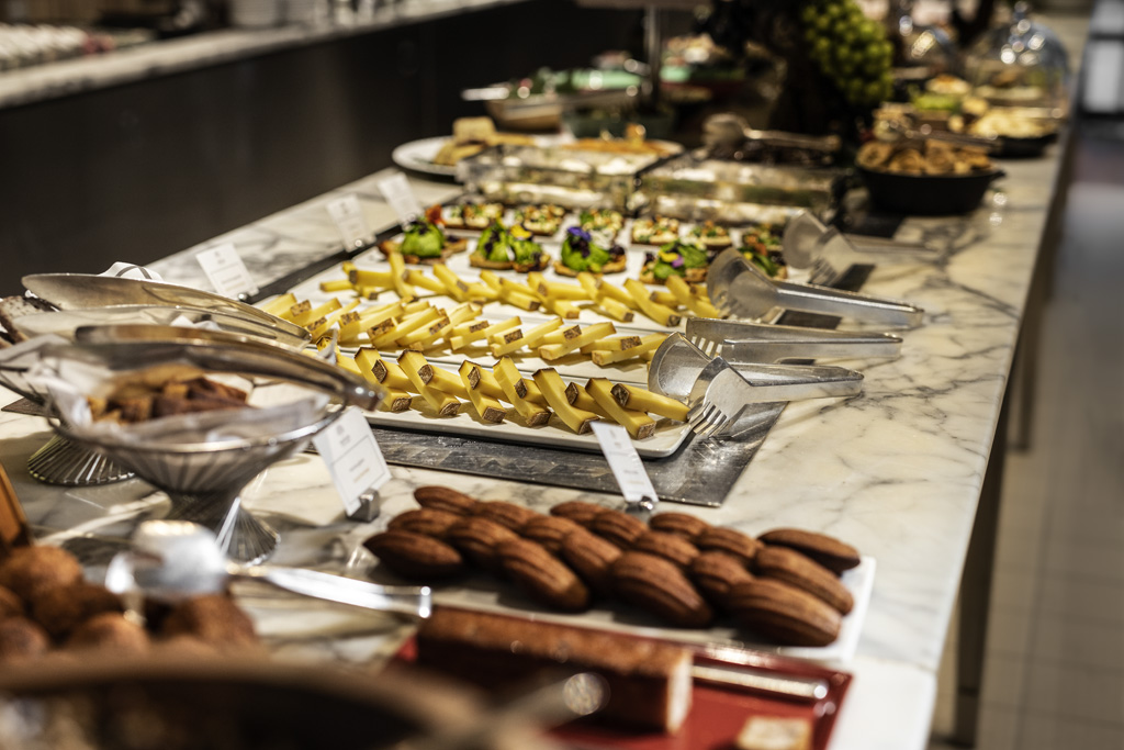 a buffet table full of food