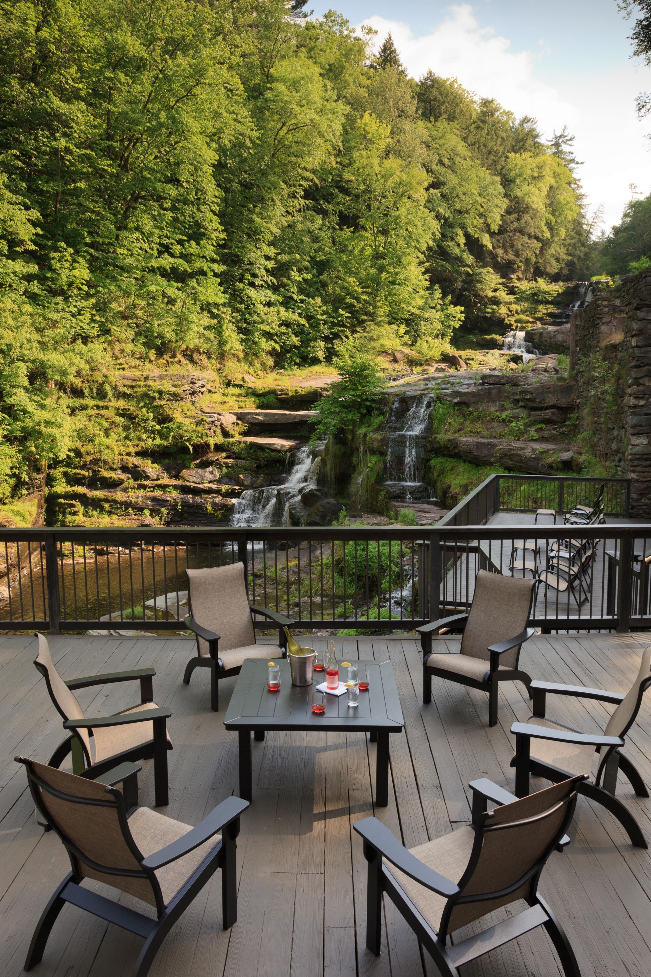 image of exterior outdoor patio with waterfall ledges hotel hawley pennsylvania_high